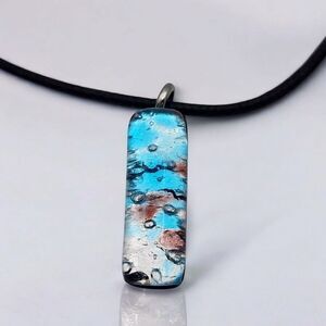 Murano Glass Blue, Silver, & Pink Pendant & Black Cord Necklace